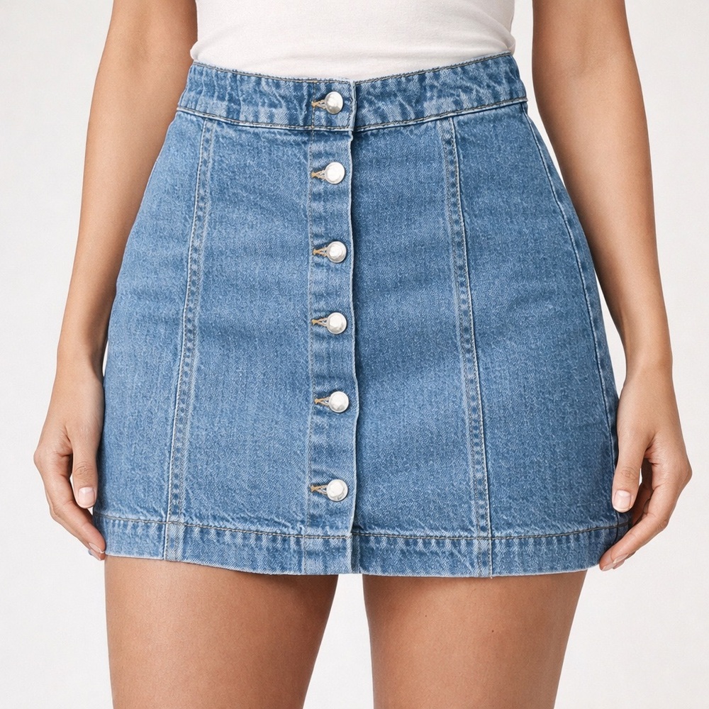 H&M Blue Denim Mini Skirt – Button Front A-Line (Size US 2)